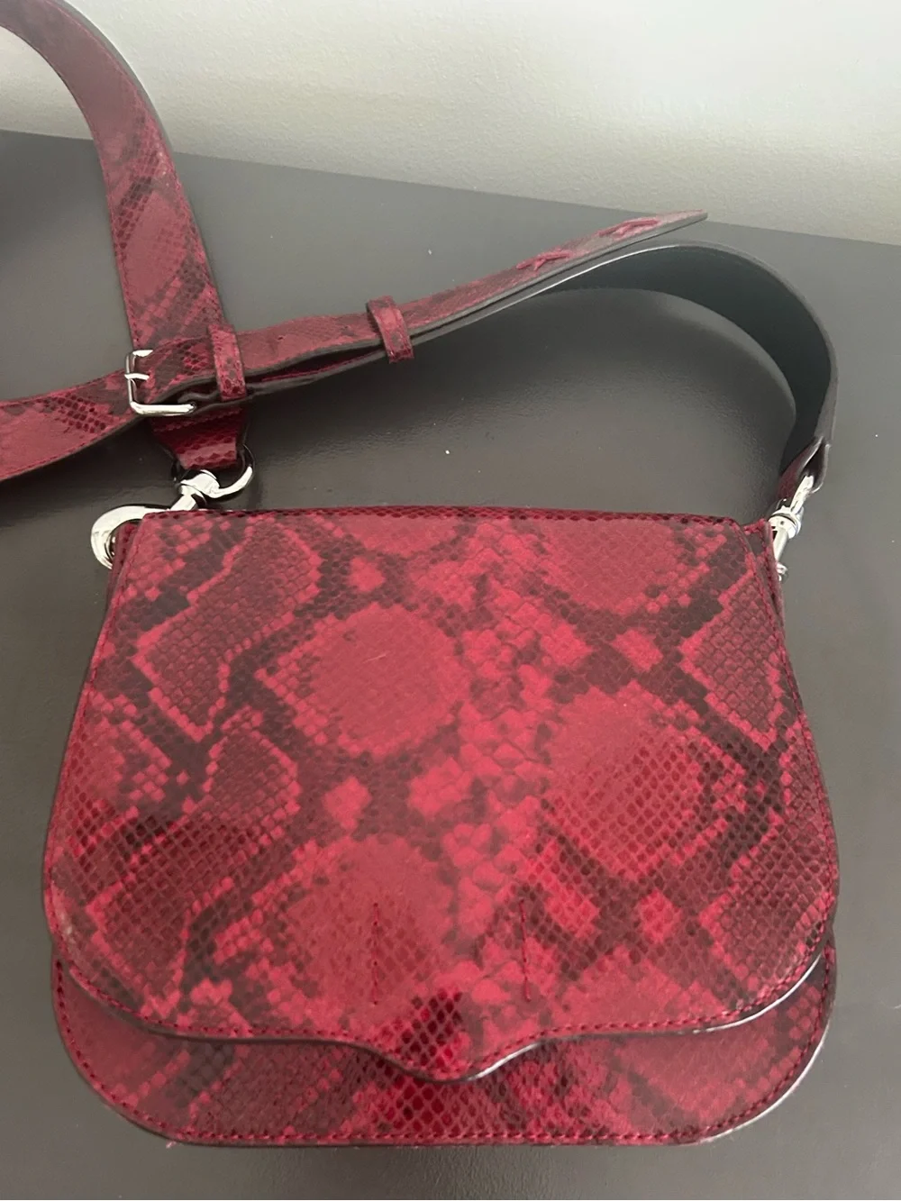 Rebecca Minkoff Red Python Embossed Leather Saddle Crossbody Snake Print Bag